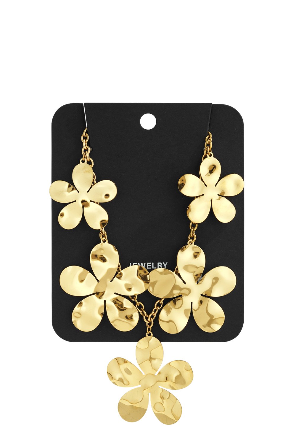 Gold-tone hammered daisy flower statement necklace on a black jewelry display card.