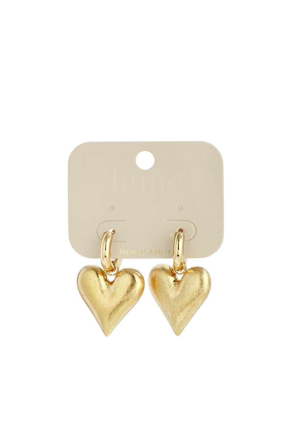 Sweet Heart Drops: Gold-tone hoop earrings with brushed metal heart pendants on a display card.