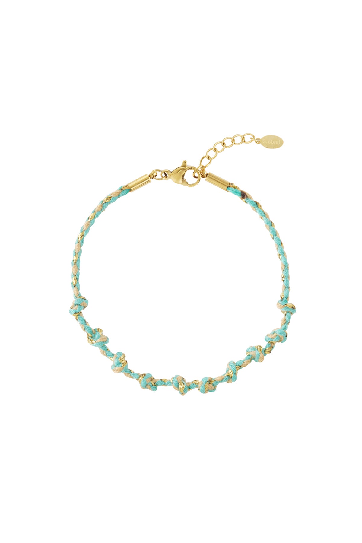 Turquoise and beige braided cotton chain bracelet with gold accents and lobster clasp on white background.