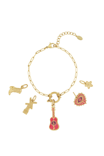 Gold charm bracelet with five removable gold and pink enamel charms including a guitar, flower, heart, windmill, and cowboy boot on a paperclip chain.