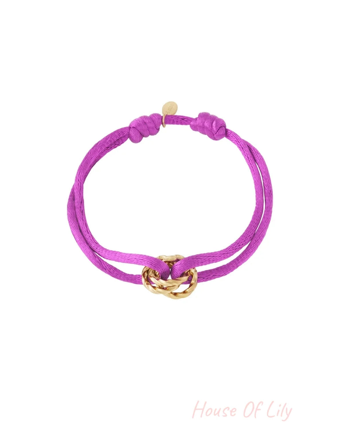 Sunshine Knot Bracelet with vibrant purple cord and a polished gold-finish metal knot charm.