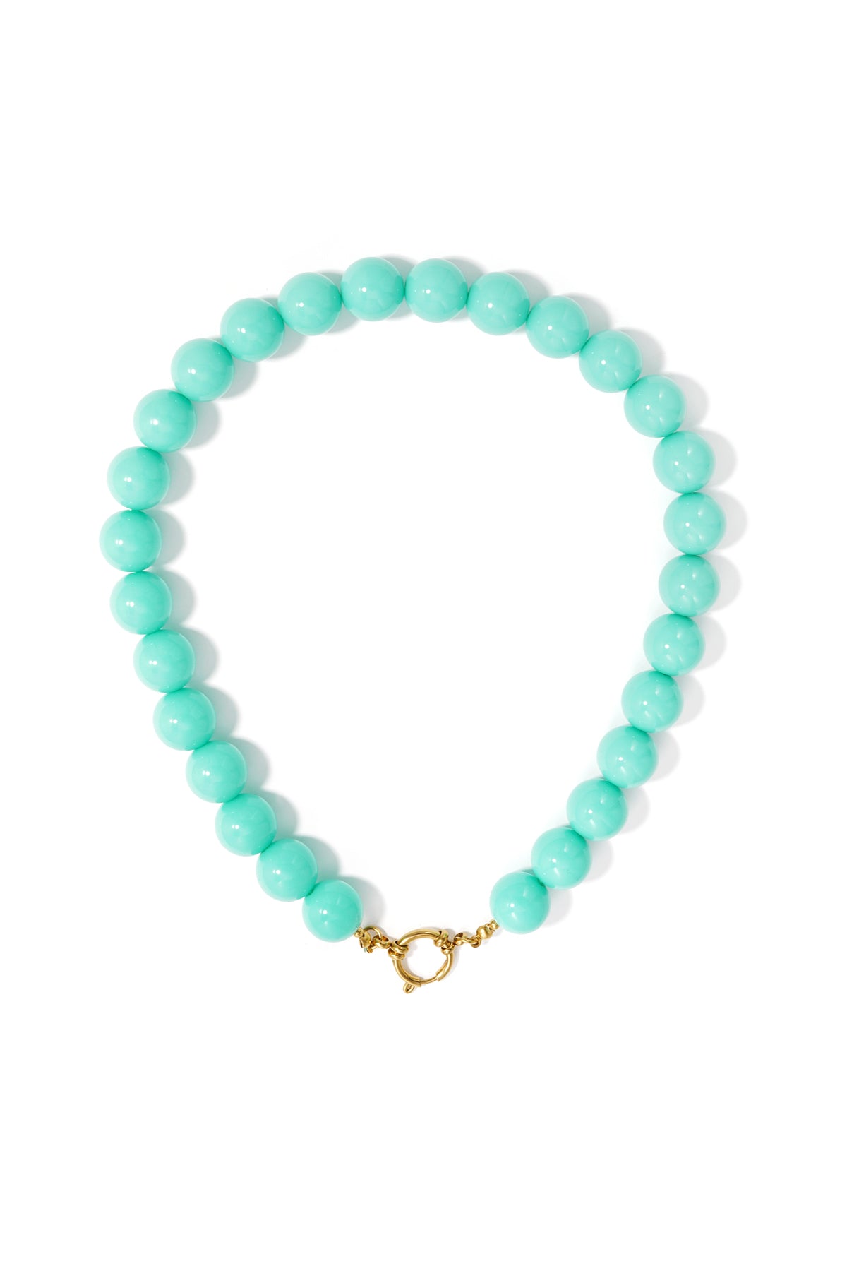 Chunky necklace made of round, turquoise resin beads with a gold-tone metal spring ring clasp at the front.
