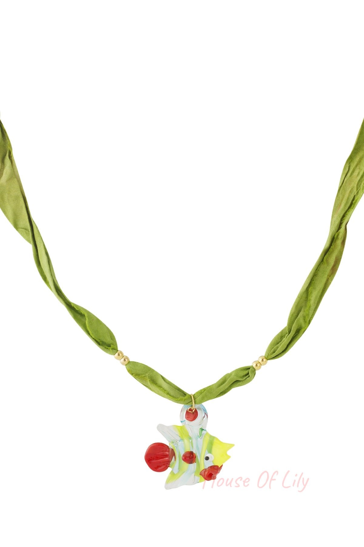 Green fabric cord necklace with a colorful glass fish pendant featuring yellow, red, and blue accents