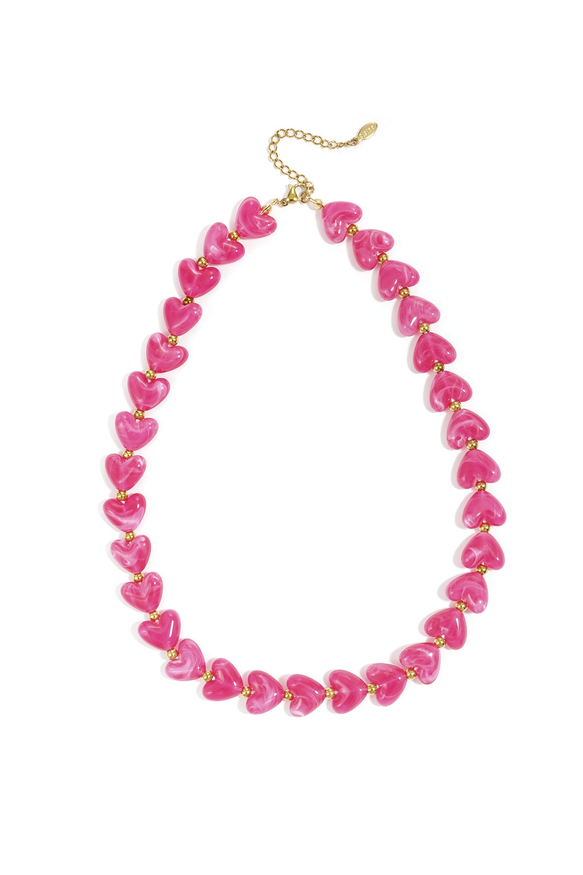 Turquoise marbled heart bead necklace with gold spacers on white background