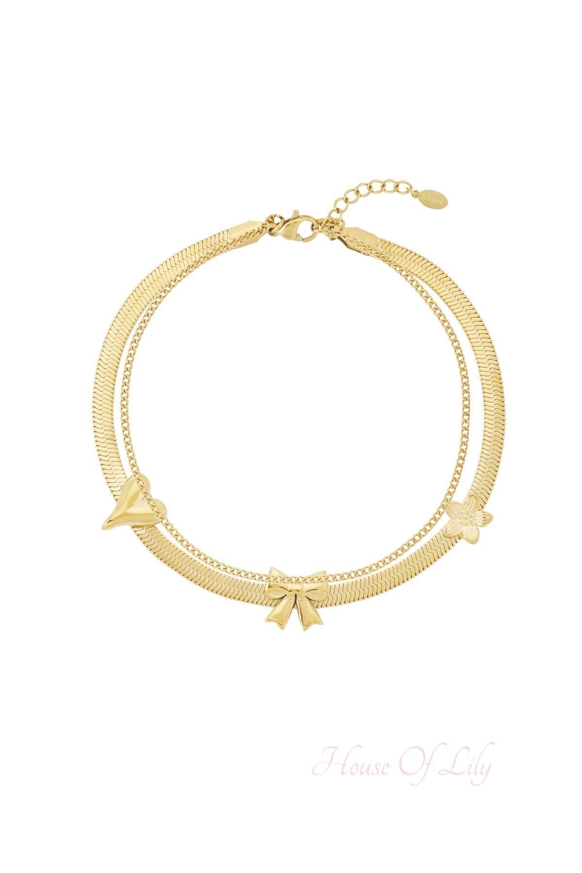 Gold double chain anklet with bow, flower, and heart charms on white background