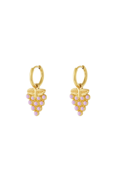 Pair of gold grape drop earrings with pastel pink enamel clusters on white background