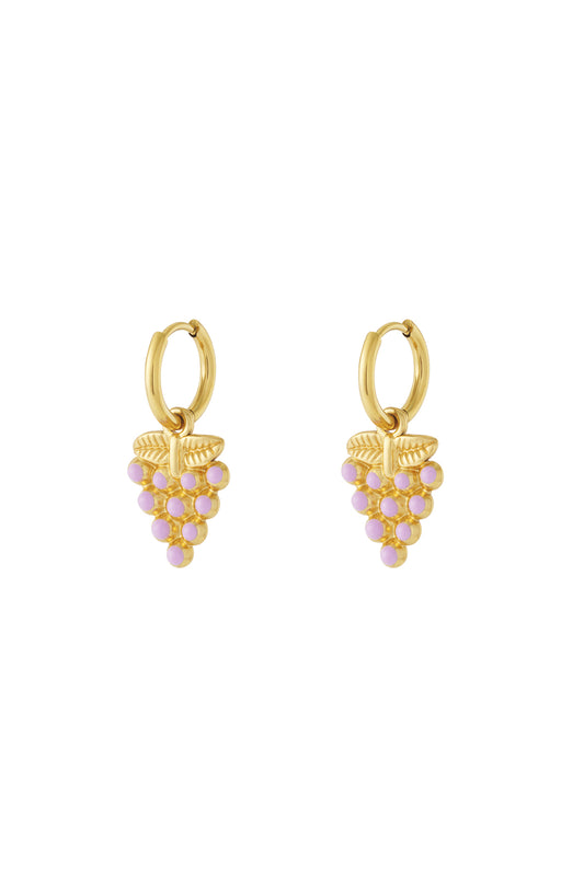 Pair of gold grape drop earrings with pastel pink enamel clusters on white background