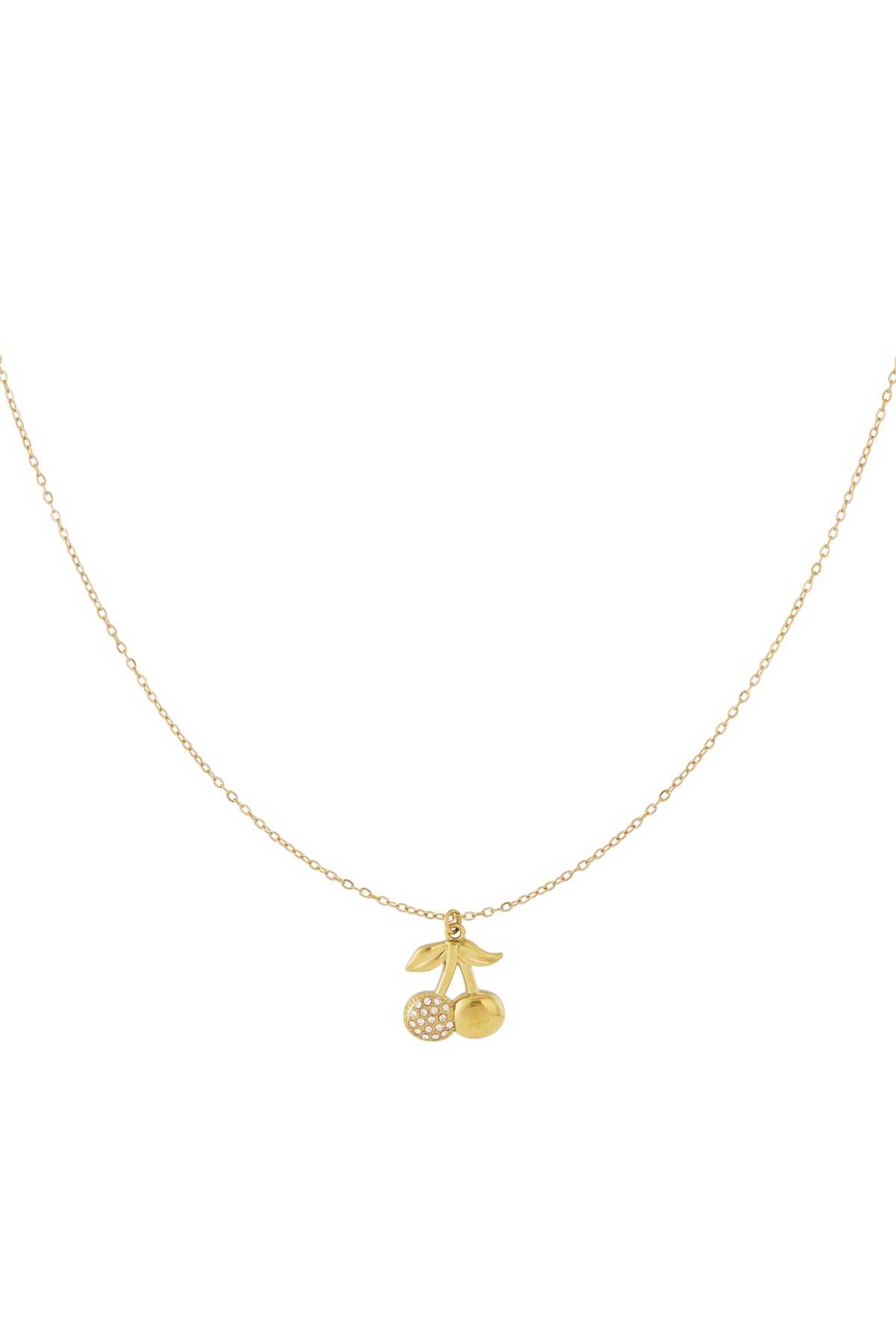Gold cherry pendant necklace with one rhinestone cherry and one smooth cherry on a delicate gold chain against white background