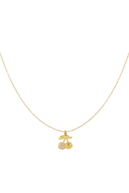 Gold cherry pendant necklace with one rhinestone cherry and one smooth cherry on a delicate gold chain against white background