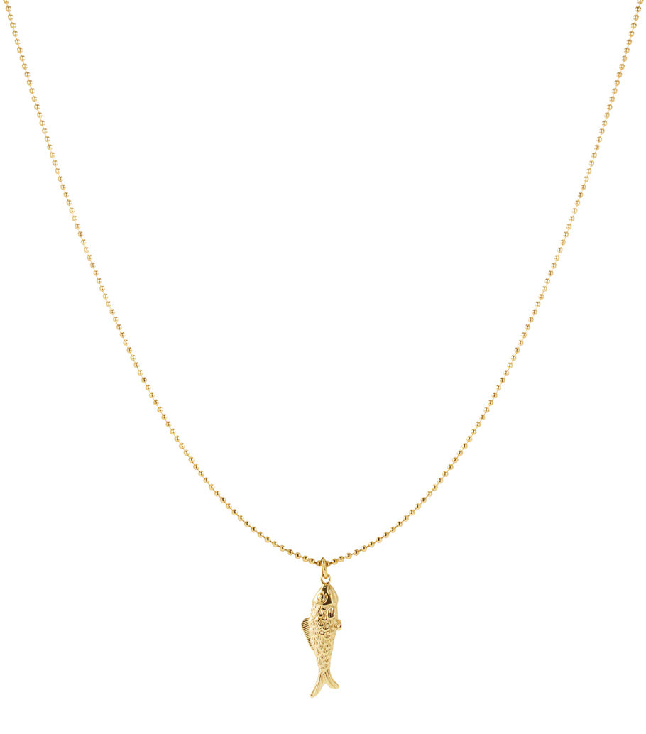 Gold long necklace with detailed fish pendant on white background