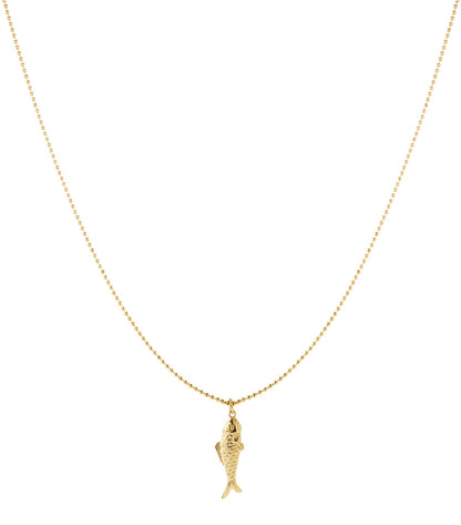 Gold long necklace with detailed fish pendant on white background
