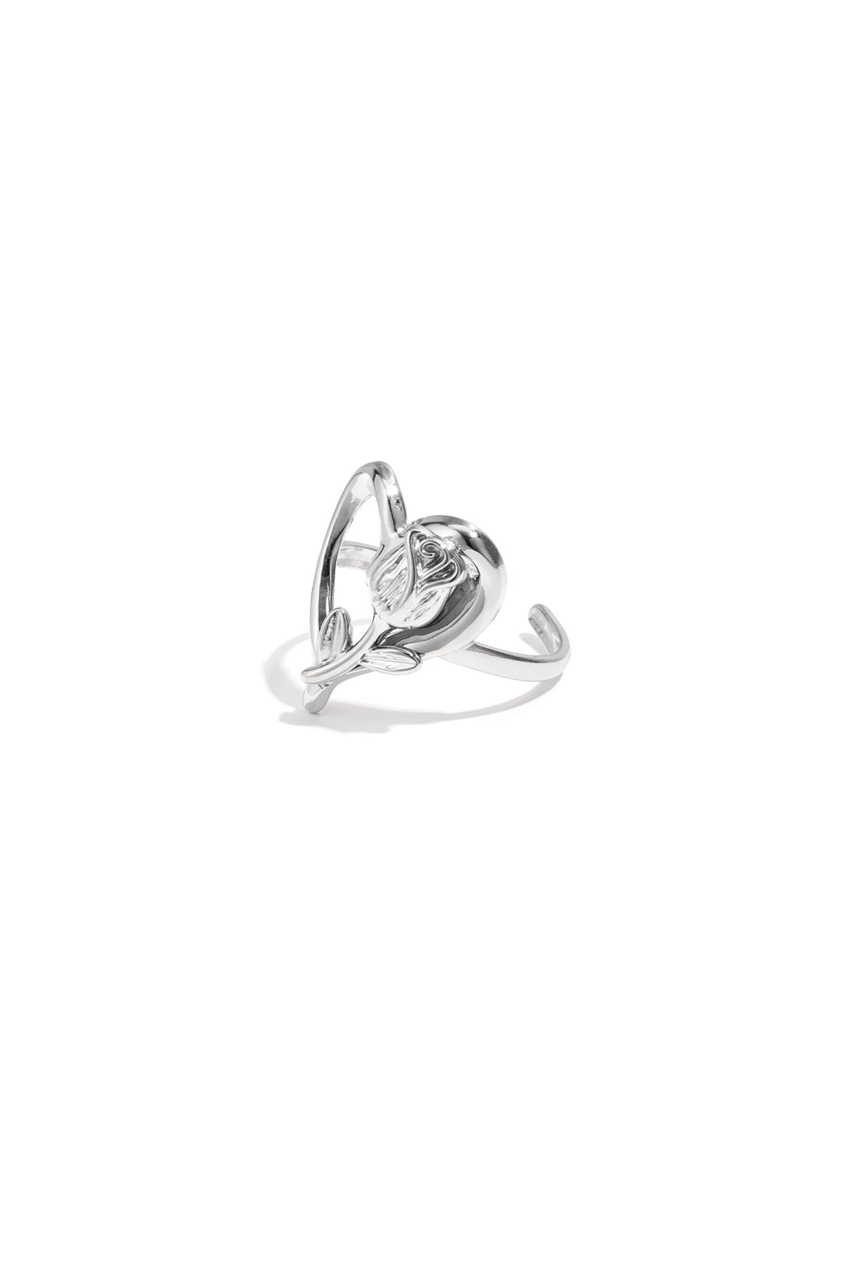 Silver-tone adjustable open heart ring featuring detailed rose and leaves design on white background