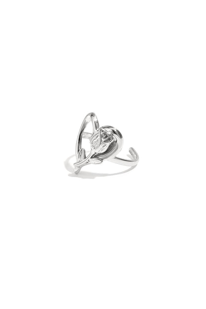 Silver-tone adjustable open heart ring featuring detailed rose and leaves design on white background