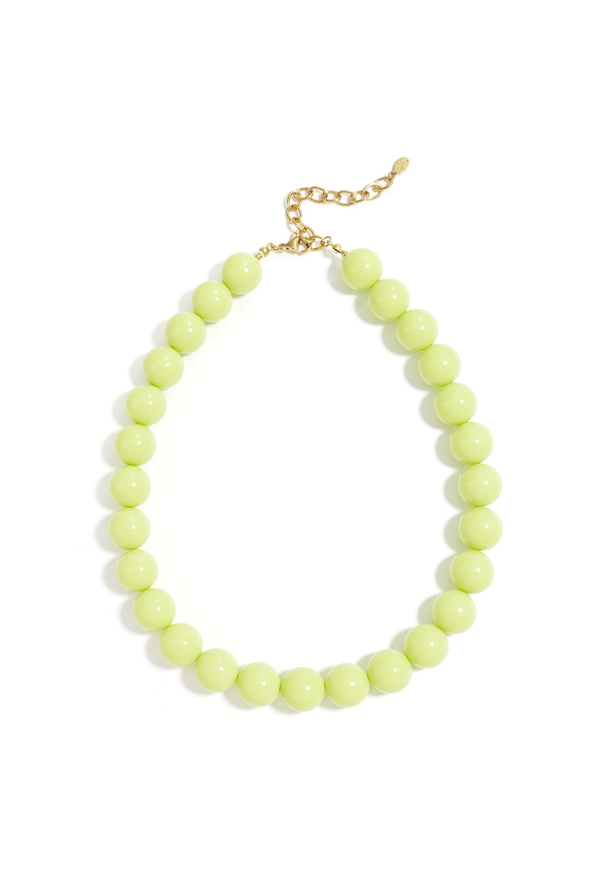 Light pink chunky resin beaded necklace with gold chain clasp photographed on white background