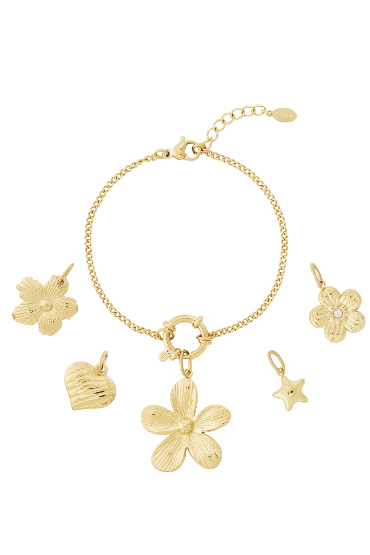 Gold charm bracelet with flower, heart, star, and floral pendants displayed alongside separate charms