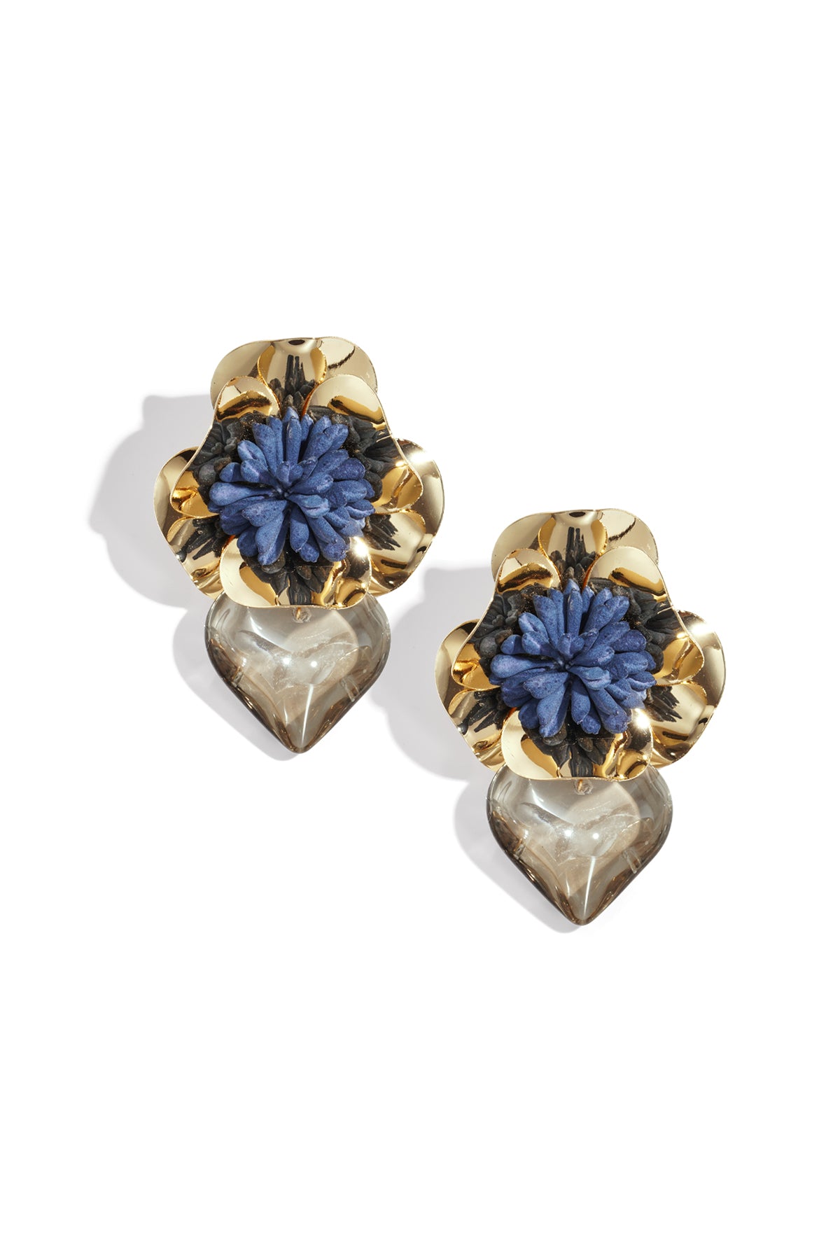 Brown floral heart drop earrings with gold flower detail and blue fabric petals with smoky resin hearts