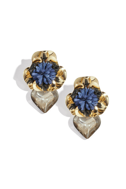 Brown floral heart drop earrings with gold flower detail and blue fabric petals with smoky resin hearts