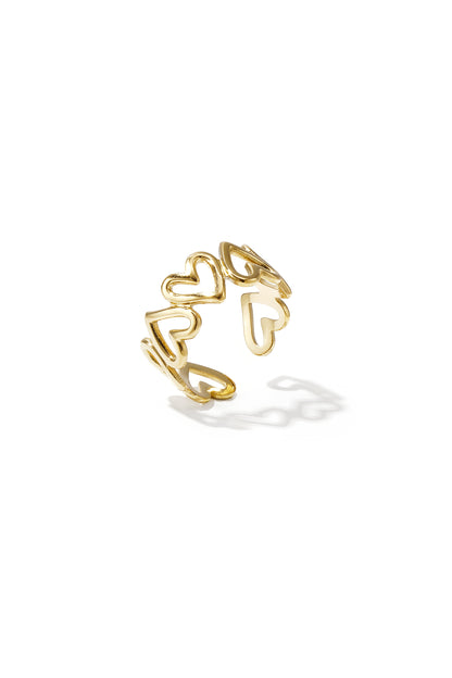 Golden open heart minimalist ring with linked hollow heart shapes on white background
