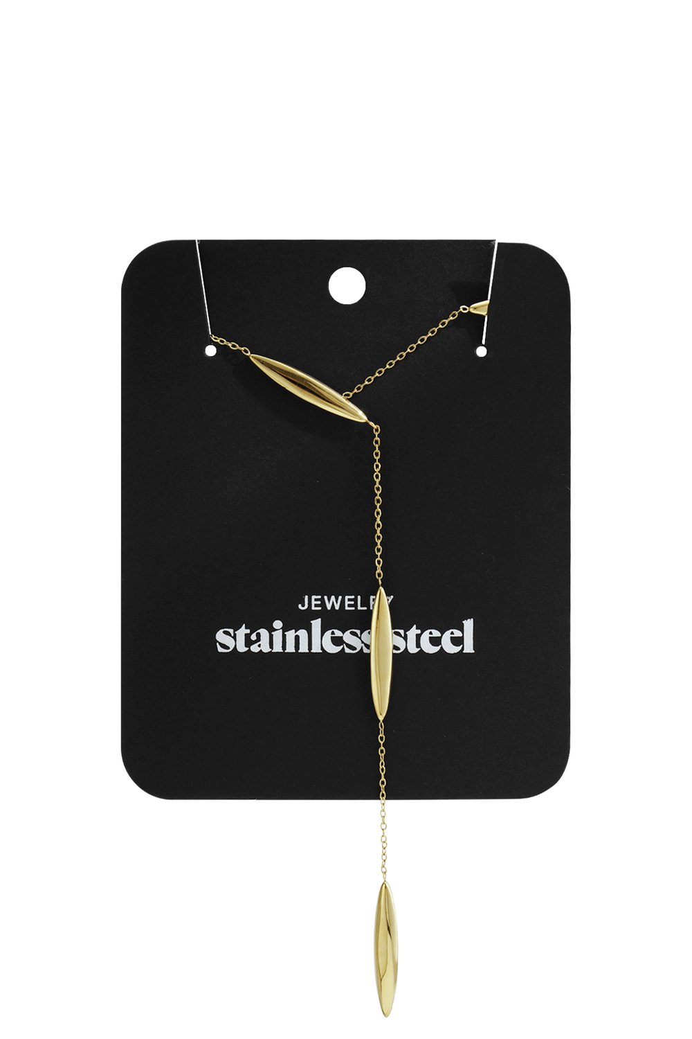 Gold Y2K drop necklace featuring thin chain and three polished, elongated teardrop pendants on a black display card.