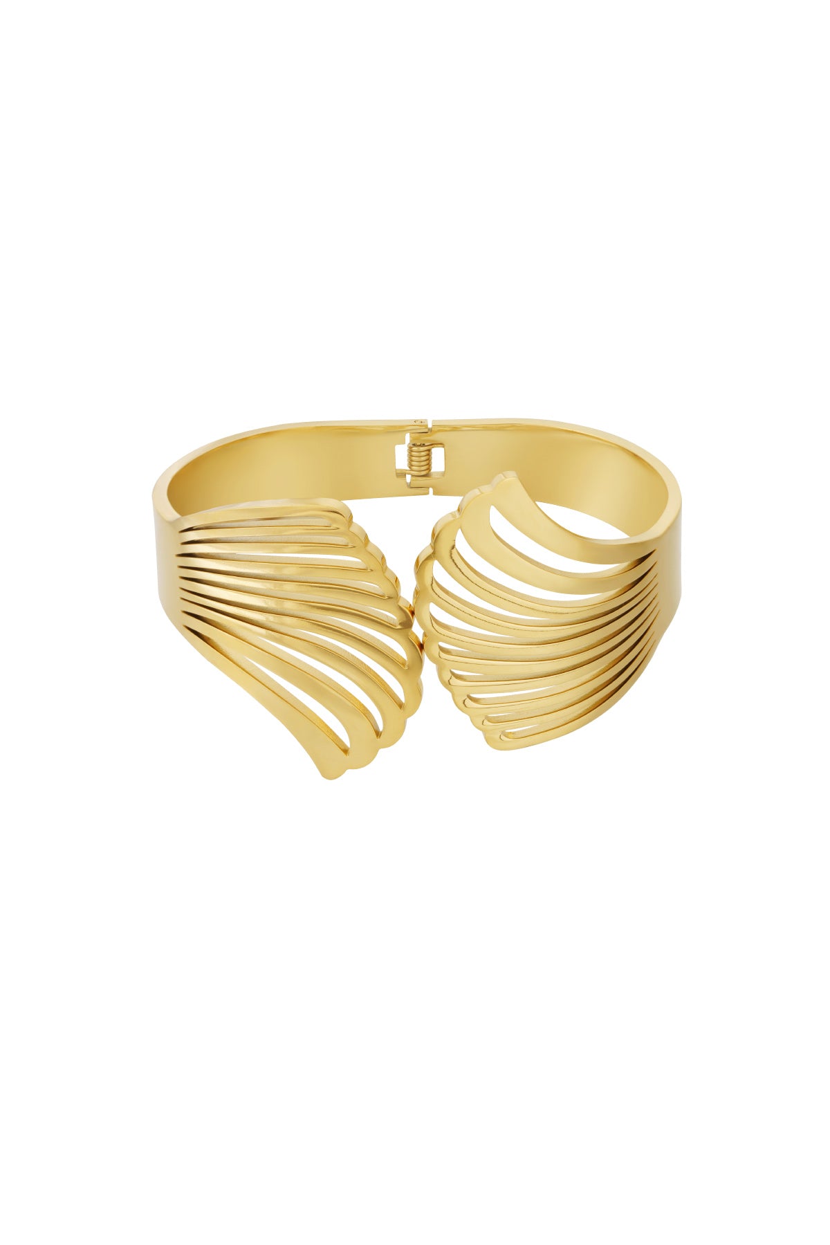 Gold-tone shell design cuff bracelet with open ribbed pattern and hinged clasp on white background
