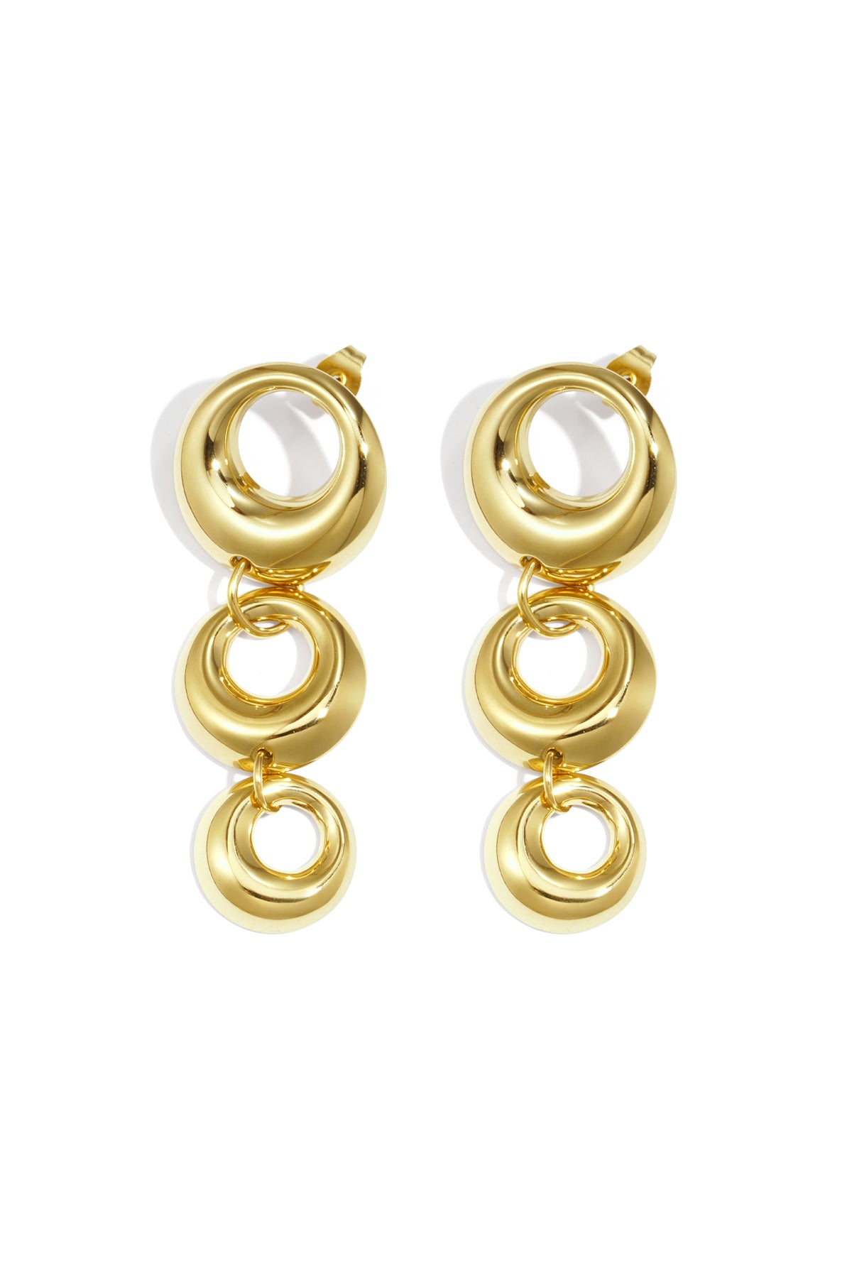 Pair of chunky linked circle dangle earrings in glossy gold tone on white background