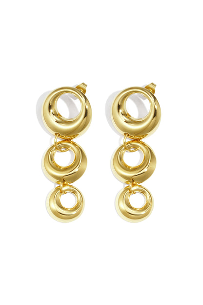 Pair of chunky linked circle dangle earrings in glossy gold tone on white background