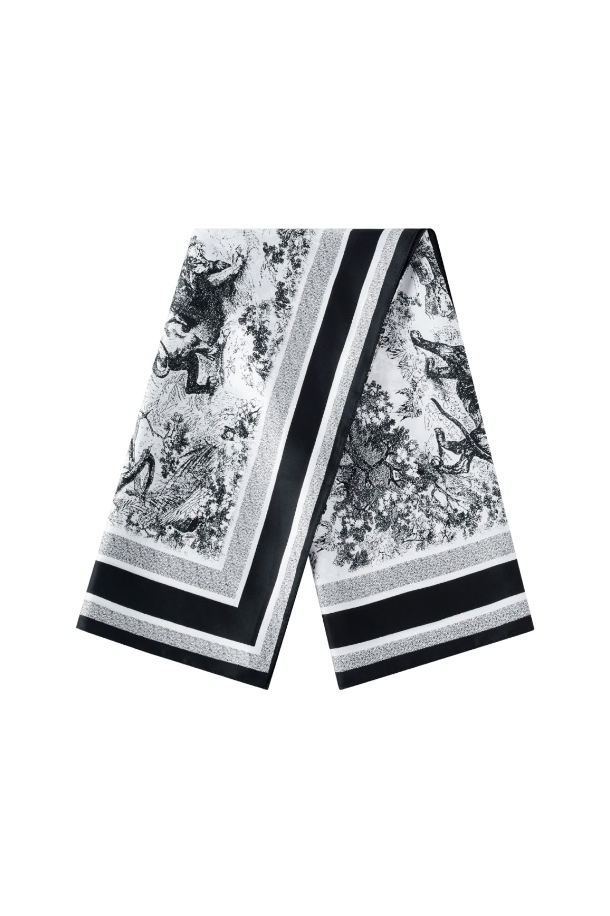 Folded black and white polyester scarf with scenic and striped print