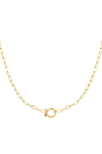 Close-up of gold link chain necklace with circular toggle clasp against white background