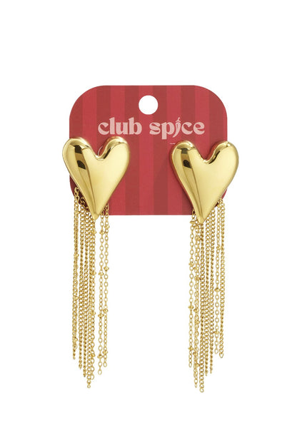Golden heart-shaped statement earrings featuring a polished finish and long, delicate hanging chain fringe.