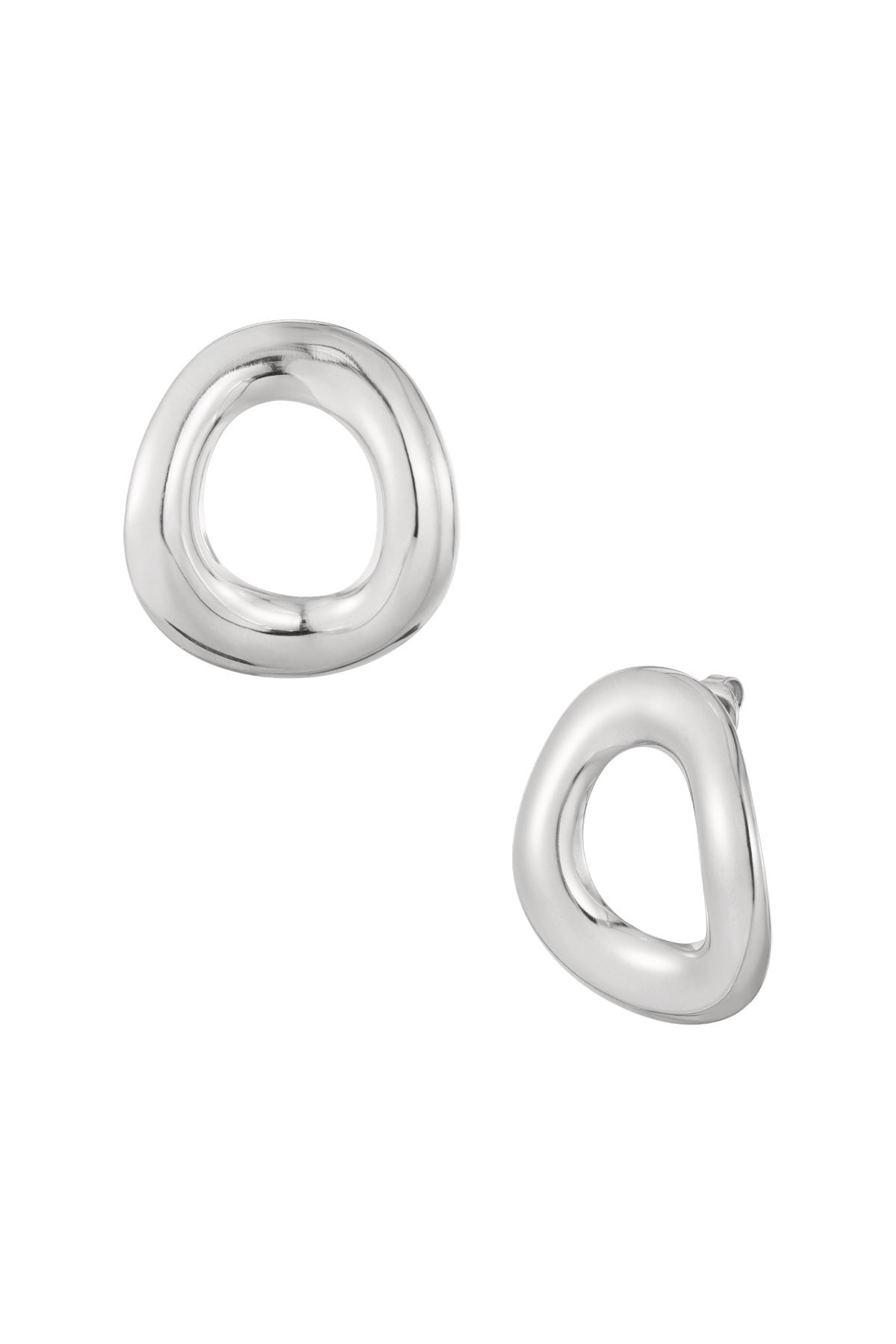 Pair of polished silver irregular organic hoop stud earrings with smooth minimalist finish