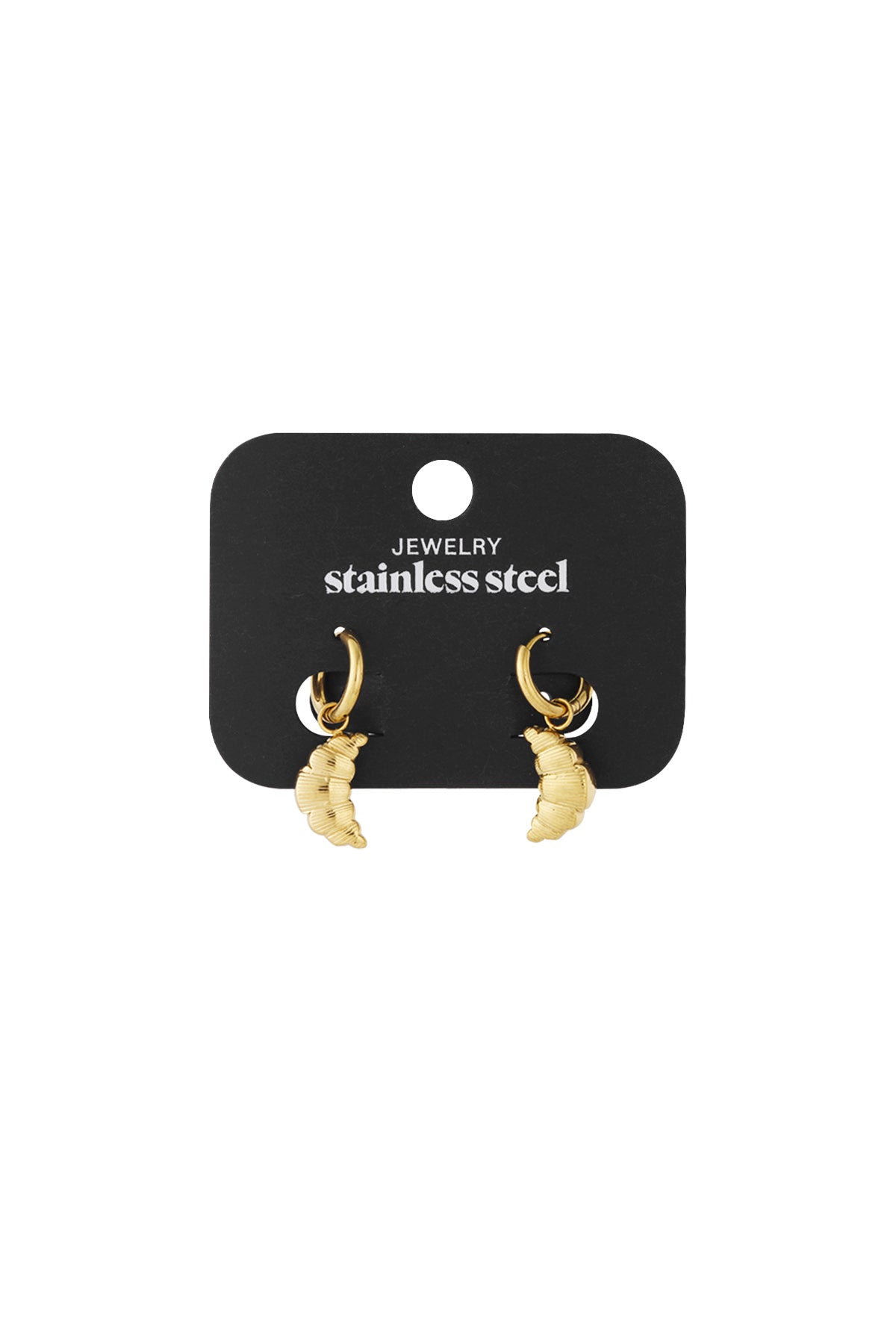 Gold stainless steel hoop earrings featuring dangling, textured croissant-shaped charms on a black display card.