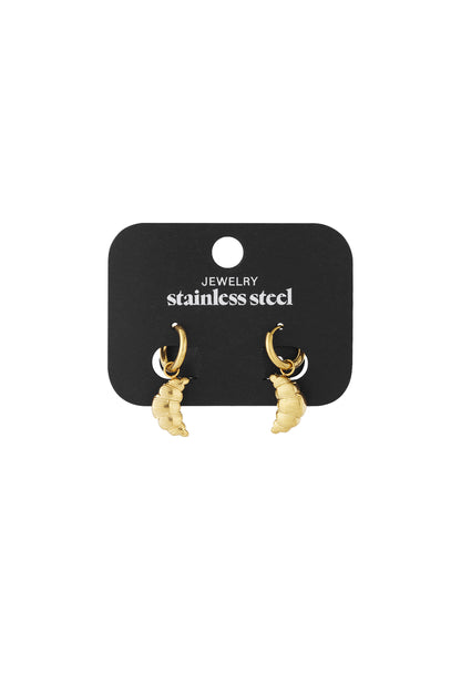 Gold stainless steel hoop earrings featuring dangling, textured croissant-shaped charms on a black display card.