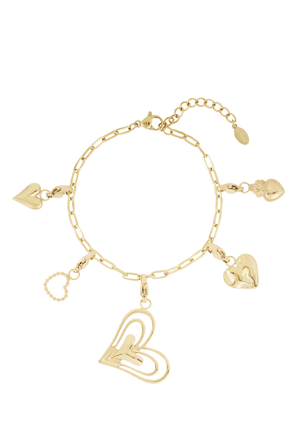Gold-tone chain charm bracelet featuring various heart-shaped pendants, including a large open-work wire heart.