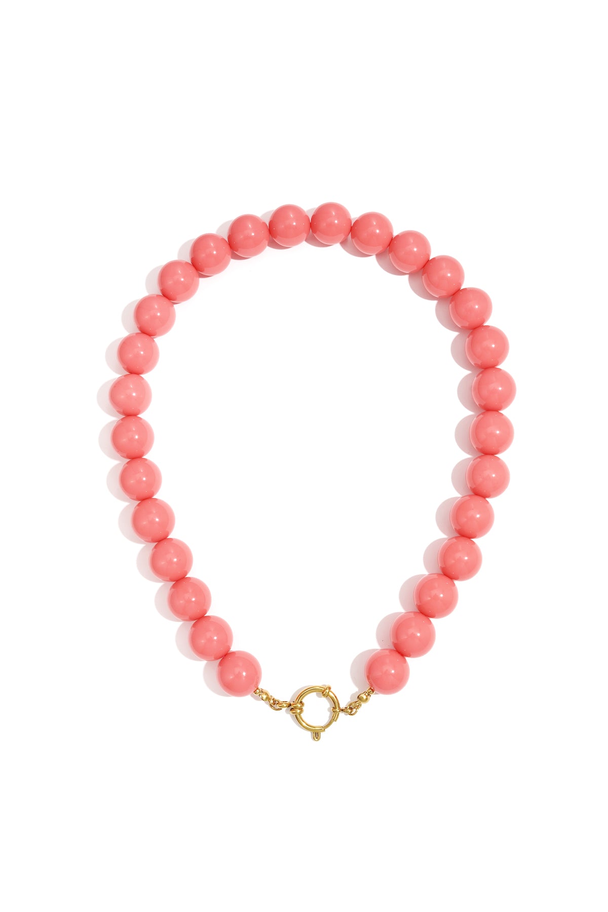 Chunky red resin beaded necklace with gold clasp on white background