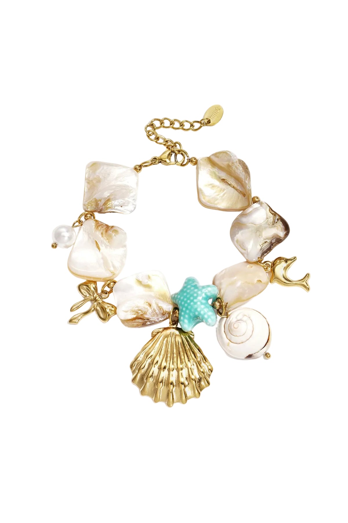 Gold-tone shell charm bracelet with natural irregular shells, turquoise starfish charm, pearl bead, and dolphin charm on white background