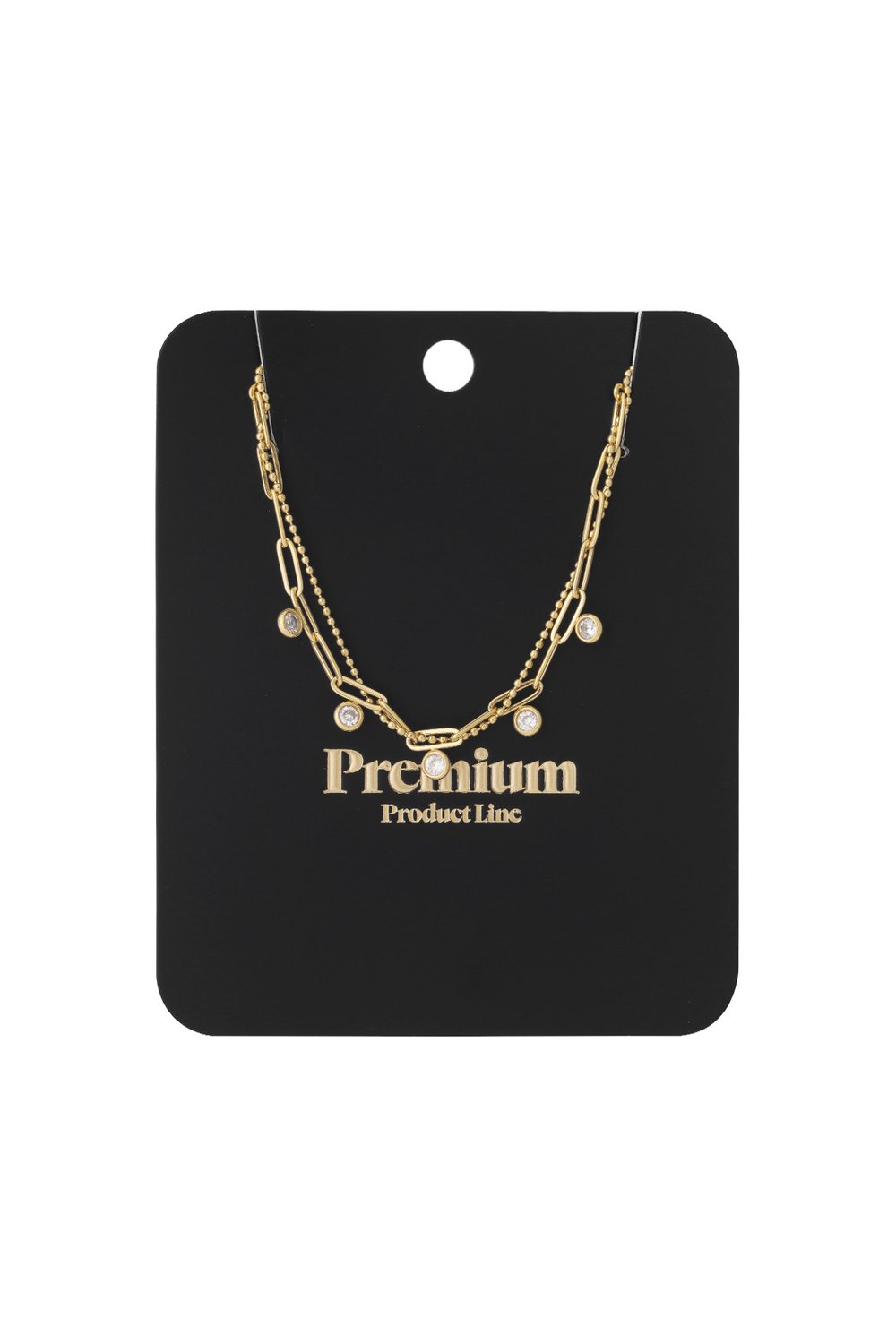 Glow Up Gems gold-tone layered necklace with a beaded chain, paperclip chain, and sparkling round crystal charms.