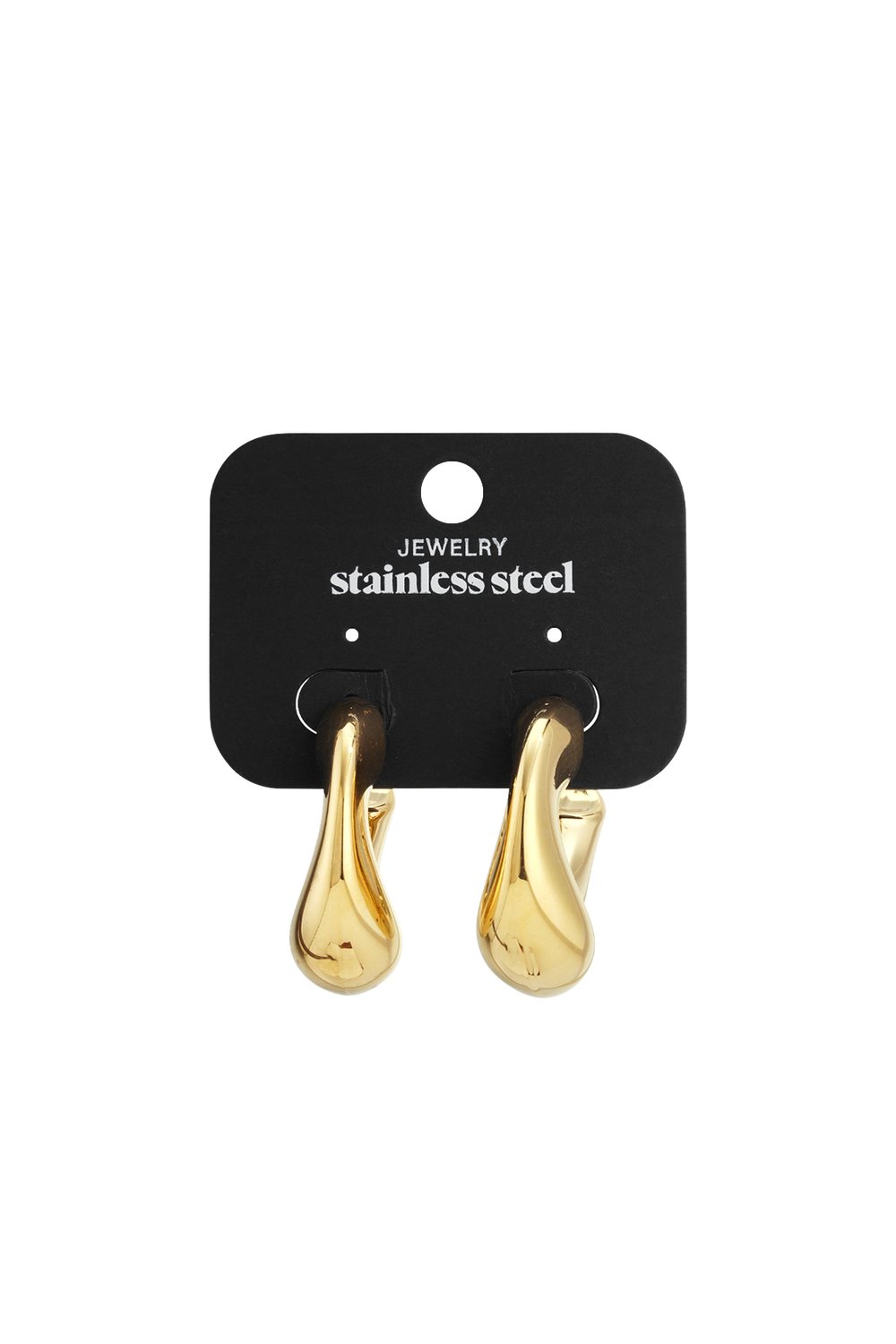 Butter Glazed gold-tone stainless steel chunky hoop earrings with a smooth, organic teardrop shape on a display card.