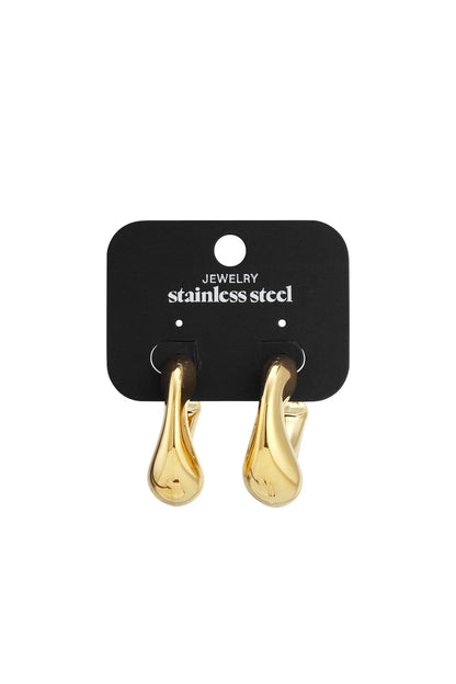 Butter Glazed gold-tone stainless steel chunky hoop earrings with a smooth, organic teardrop shape on a display card.