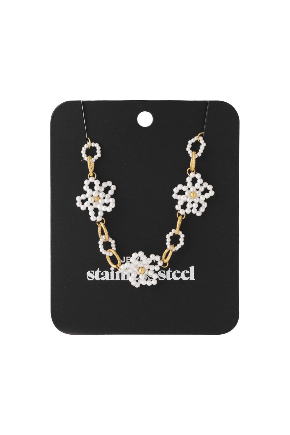 Dainty Bloom Pearl necklace featuring three pearl daisy flowers connected by gold stainless steel oval links.