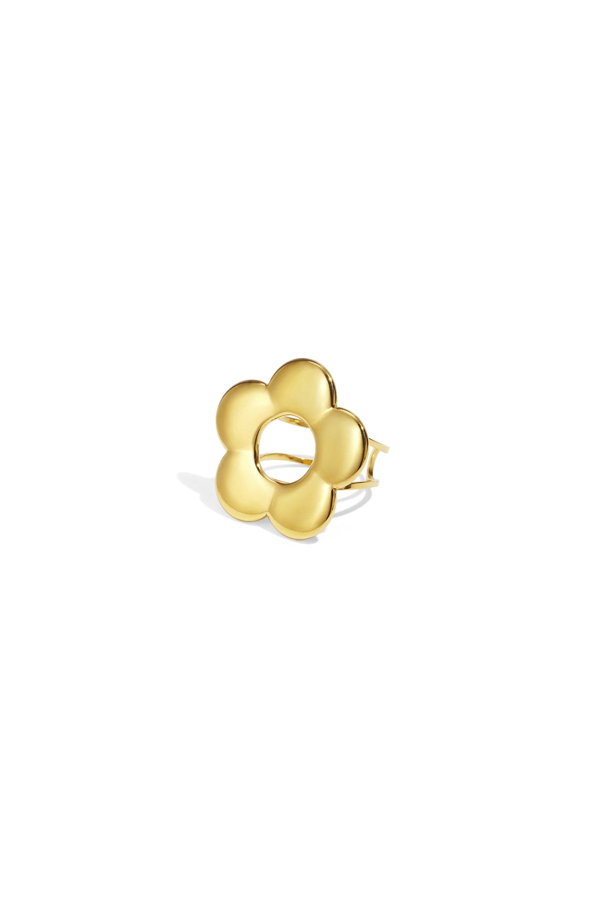 Gold flower-shaped adjustable statement ring with smooth polished finish