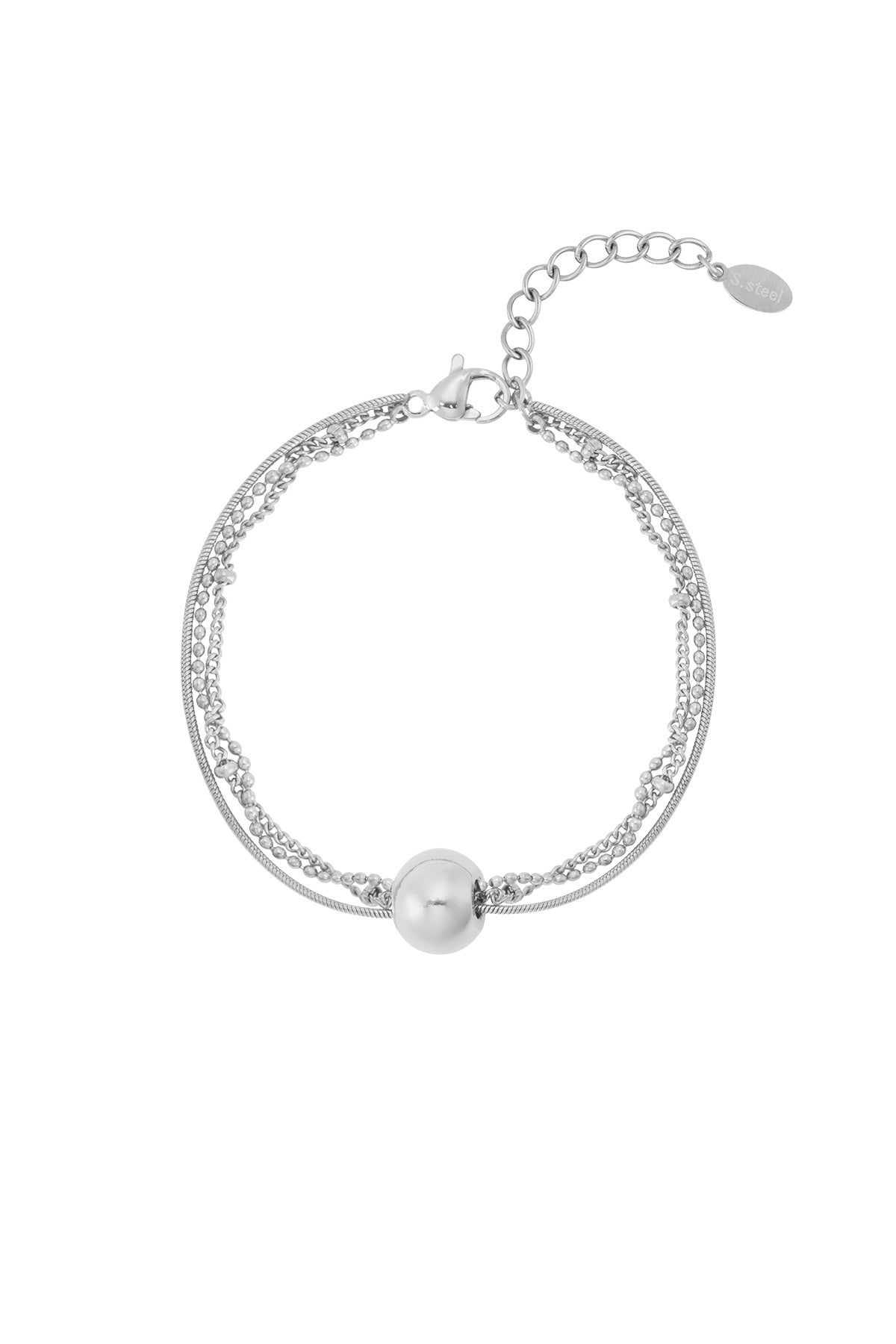 Silver toned multi-chain bracelet featuring a smooth round sphere charm and adjustable lobster clasp closure on white background