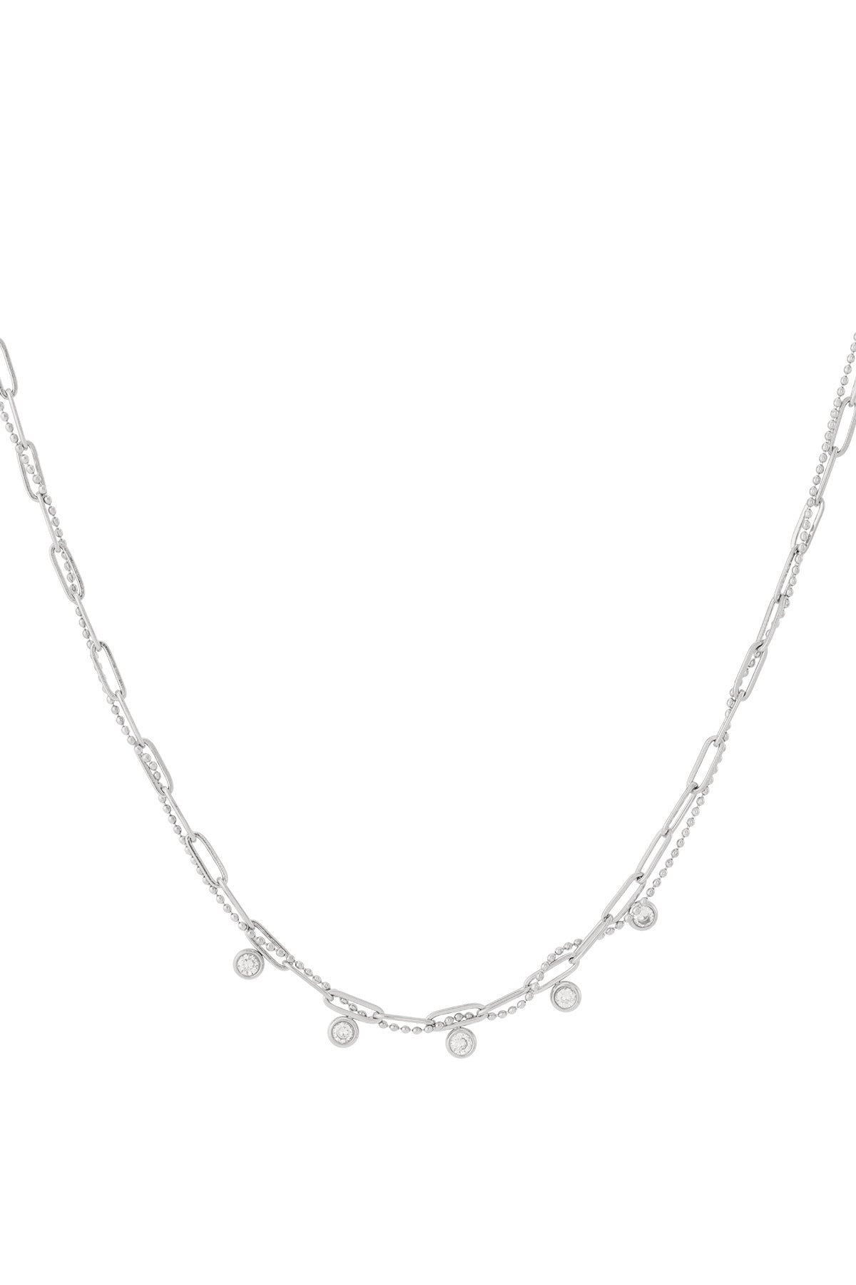 Close-up of the same layered necklace design in polished silver with rectangular links and round gemstone charms on a white background.