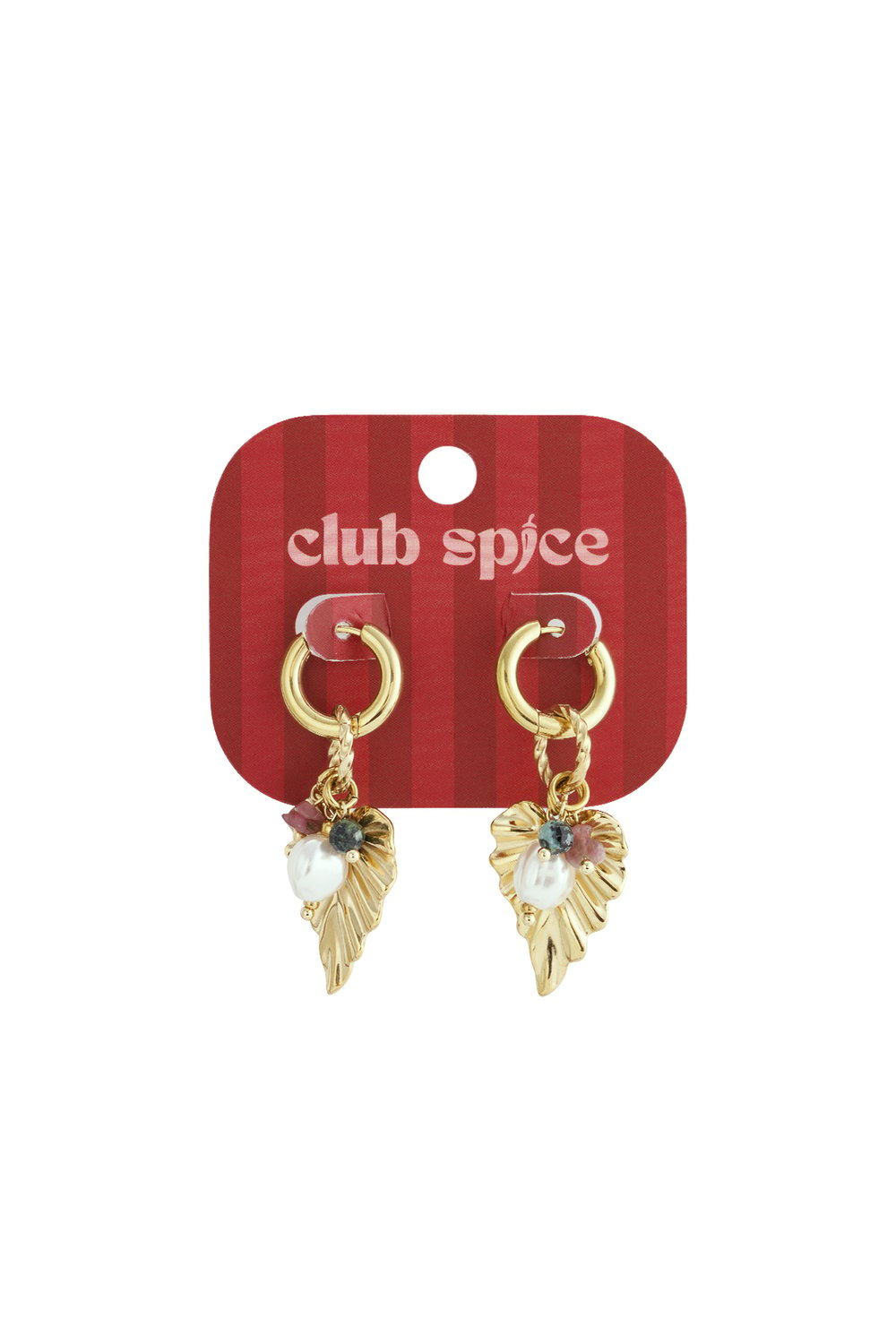 Gold hoop earrings with dangling gold leaf charms, accented by white pearls and small multicolored beads.
