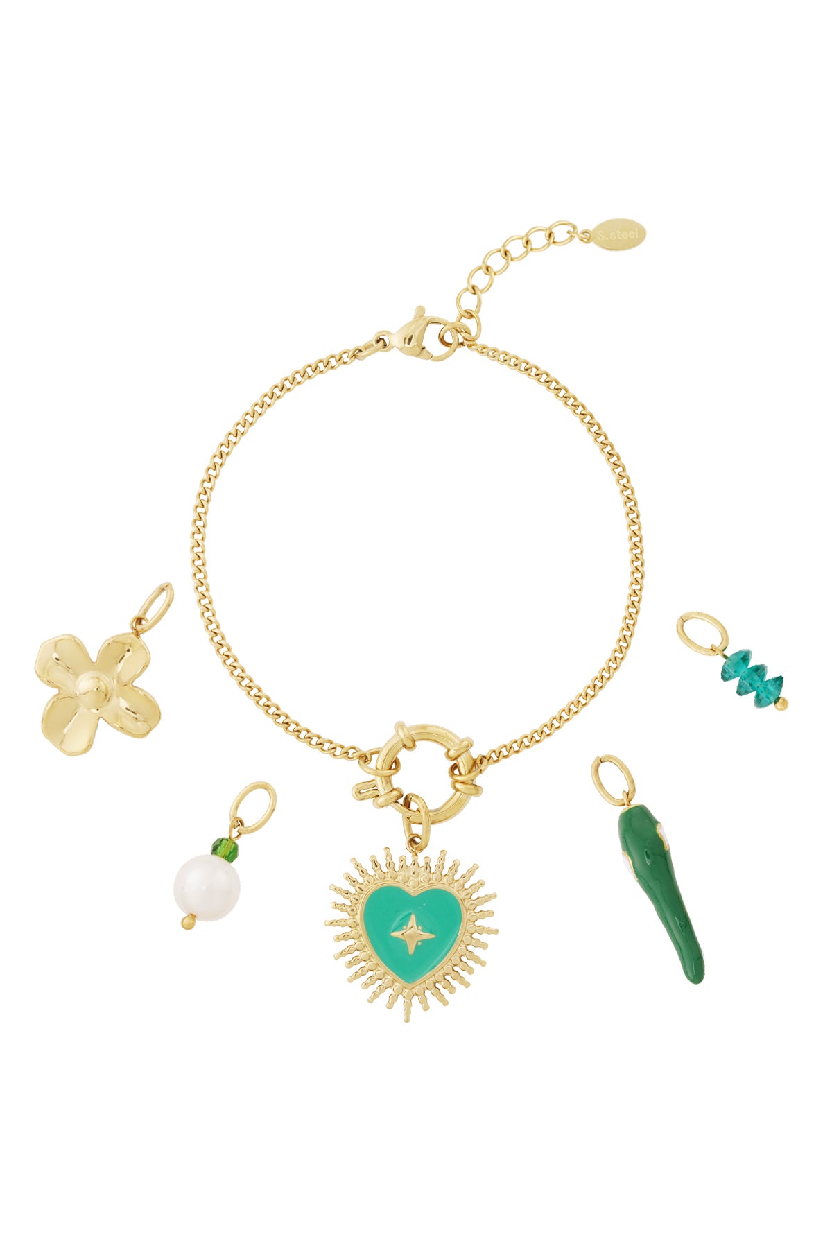 Gold charm bracelet with five removable charms including green enamel heart, pearl, flower, green chili, and teal beads on a white background