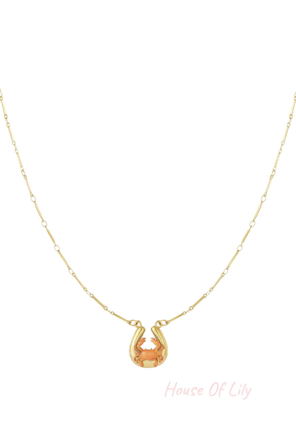 Gold necklace featuring a horseshoe charm with a small, coral-colored crab, on a delicate gold bar-link chain.