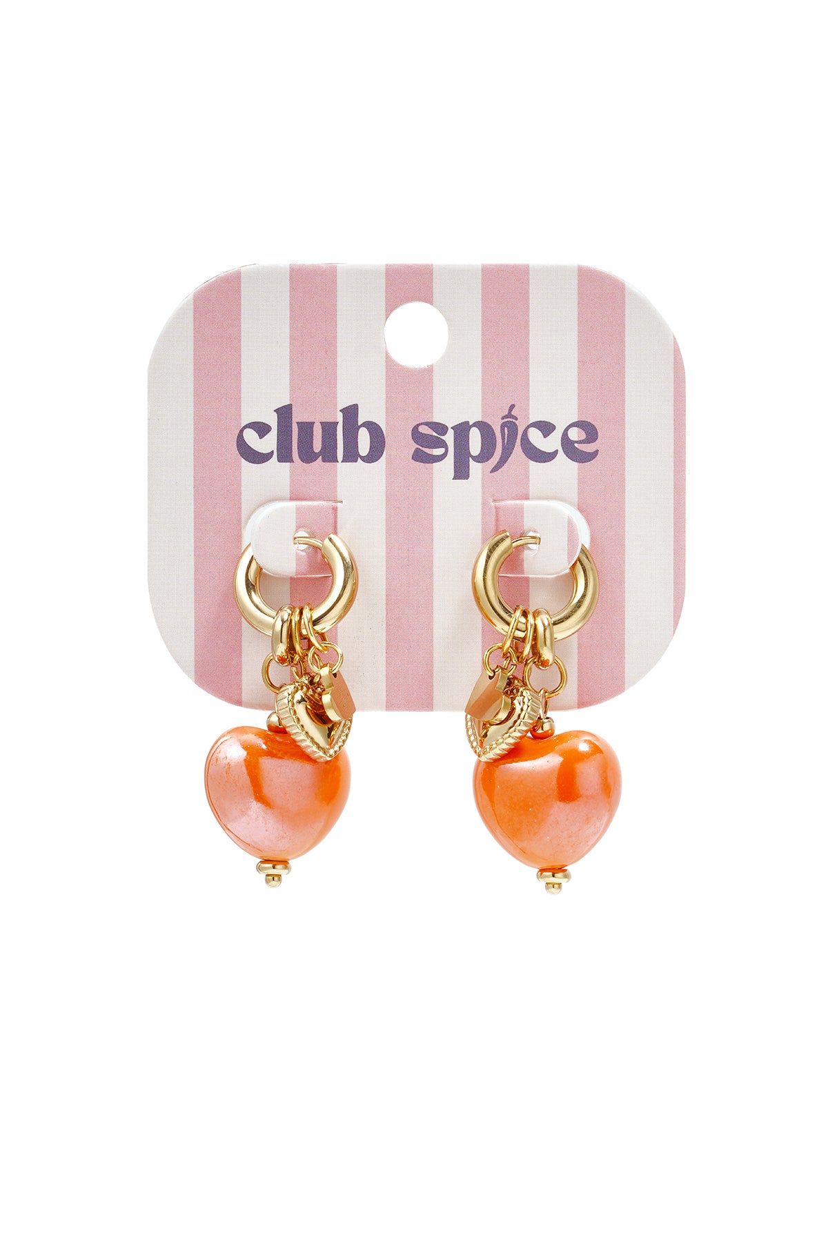 Gold hoop earrings with bright orange heart charms displayed on pink and white striped Club Spice branded card