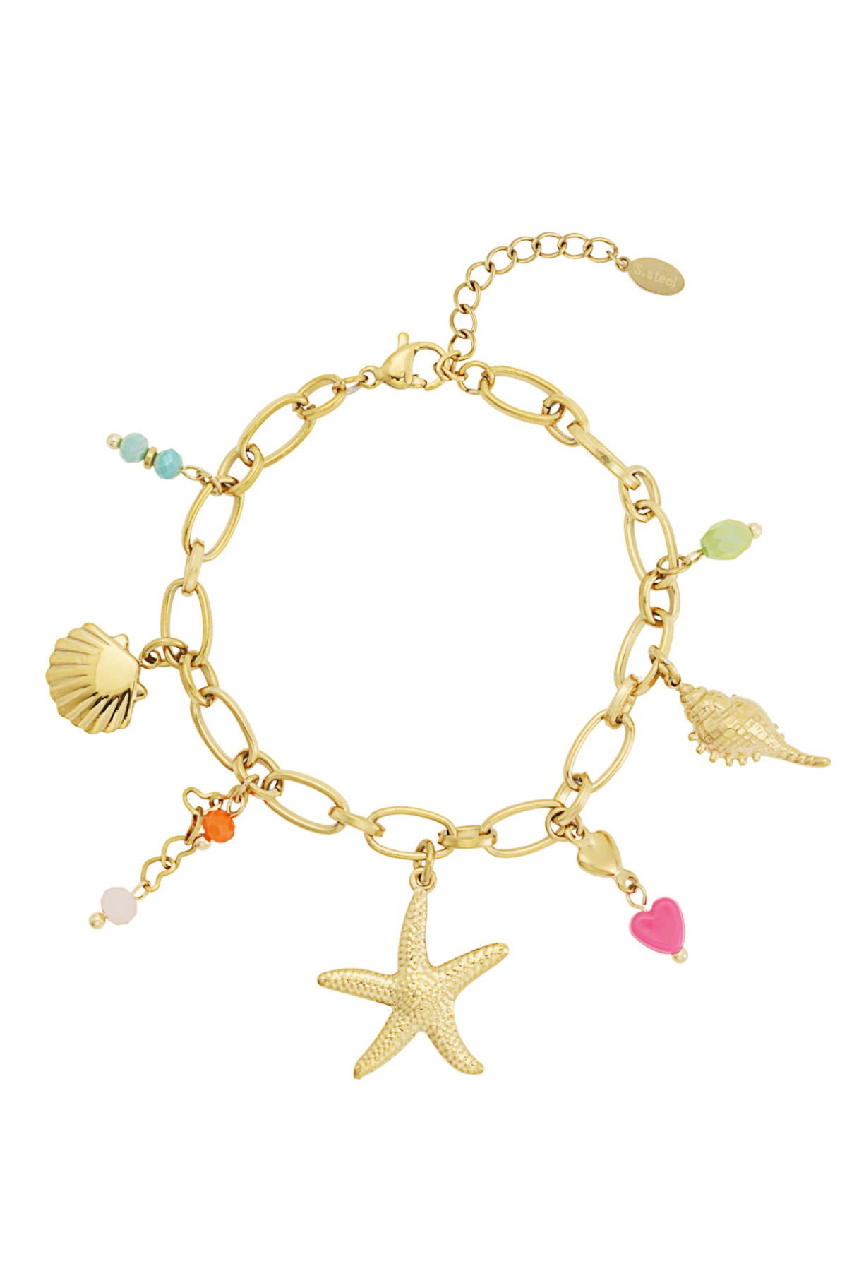 Gold-tone chain bracelet with starfish, seashell, conch shell charms and colorful beads on a white background