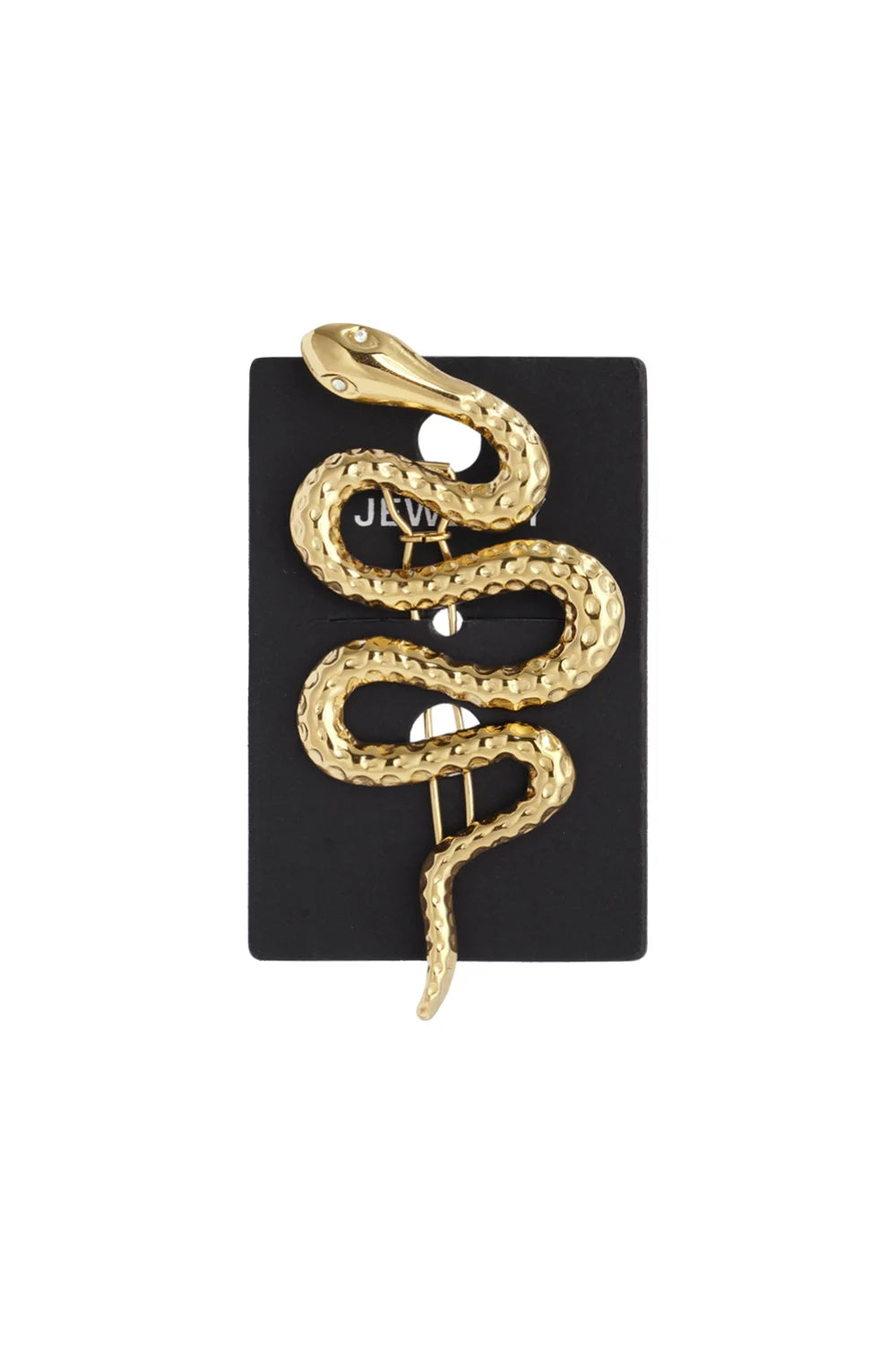 Gold-tone serpent brooch with a hammered texture and two tiny crystal eyes, displayed on a black backing card.