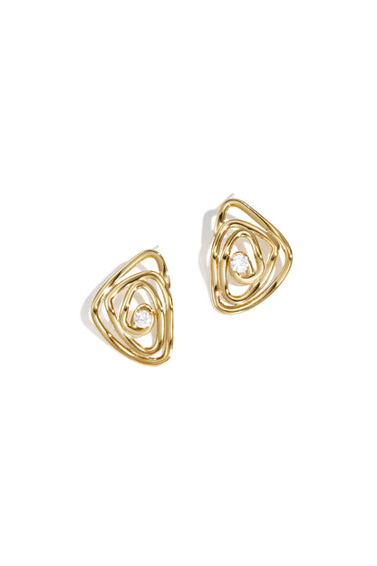 Pair of gold-tone spiral earrings with a central rhinestone on white background