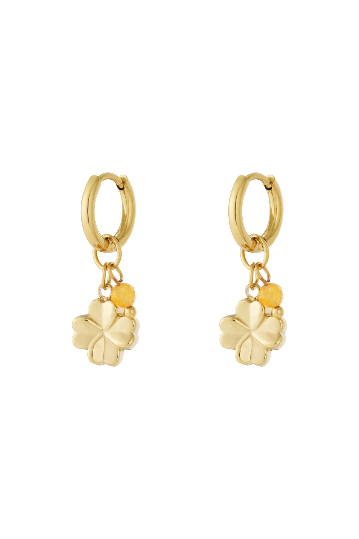 Gold hoop earrings with small four-leaf clover charms and yellow faceted bead accents shown on white background